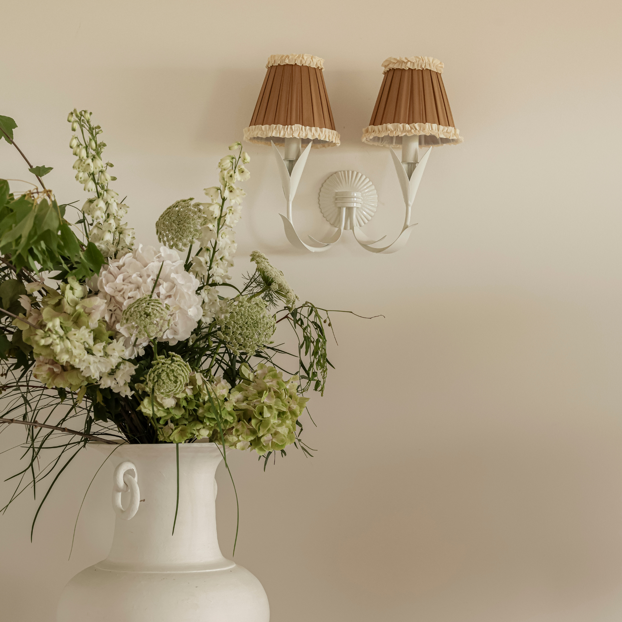 Audrey Camel and Cream Ruffle Shade and La Fleur Ivory Wall Sconce - LUXE AND BEAU