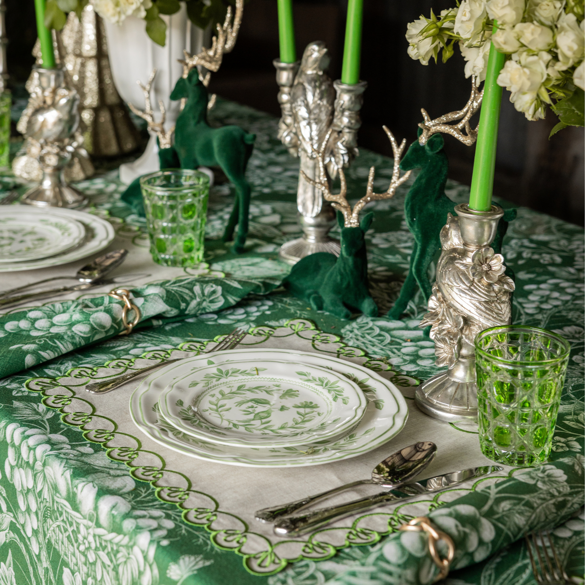 Green Toile Christmas table styled with Green Toile table cloth, Green Toile napkins and natural linen placemats with green embroidery