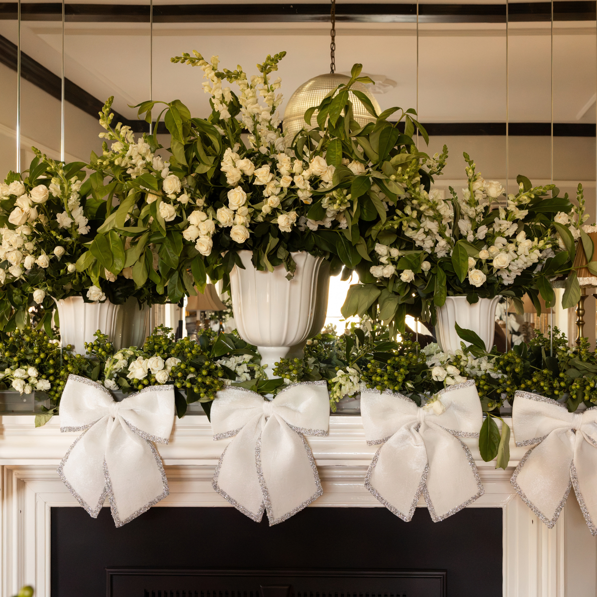 Gold Toile Christmas mantel styled with velvet glitter trim bows