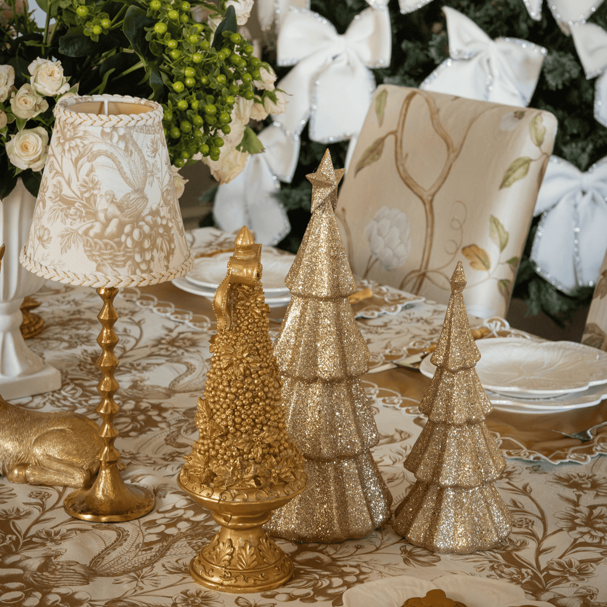 Gold Toile Christmas table styled with Gold Toile lamp shade and gold hammered lamp base