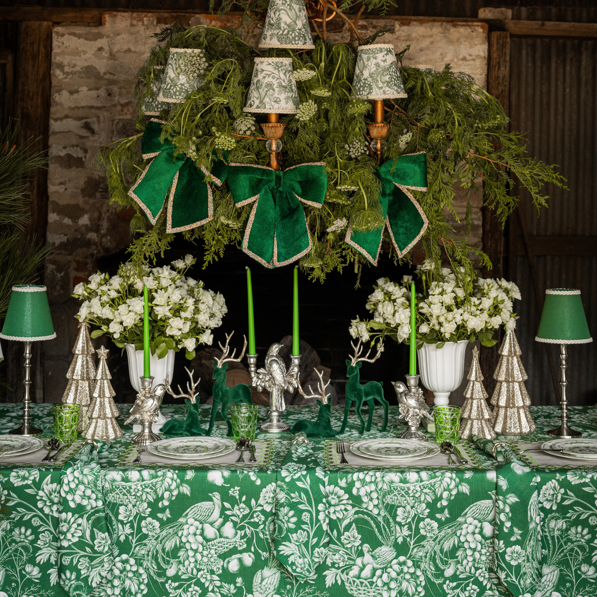 Green Toile Christmas table styled with Green Toile table cloth, green velvet glitter trim bows and Green Toile lamp shade