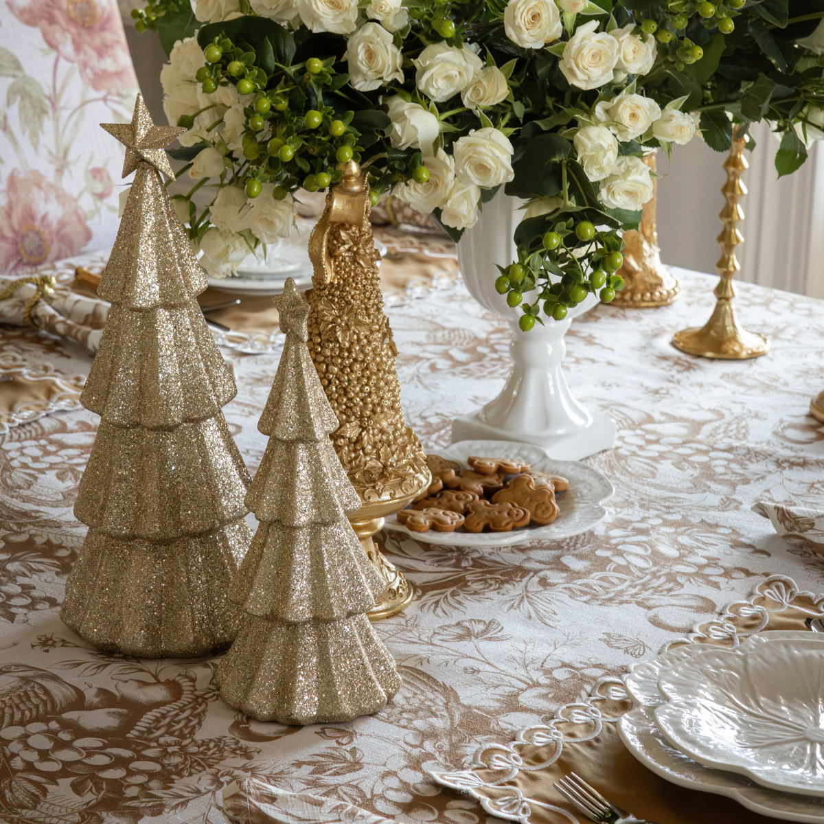 Gold Toile Christmas table styled with champagne glitter Christmas trees