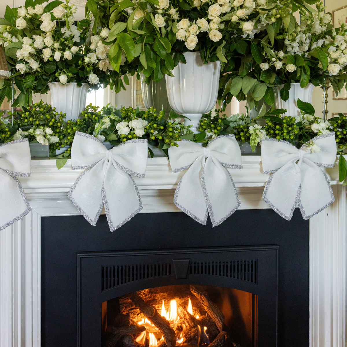 Gold Toile Christmas fireplace styled with velvet glitter trim bows