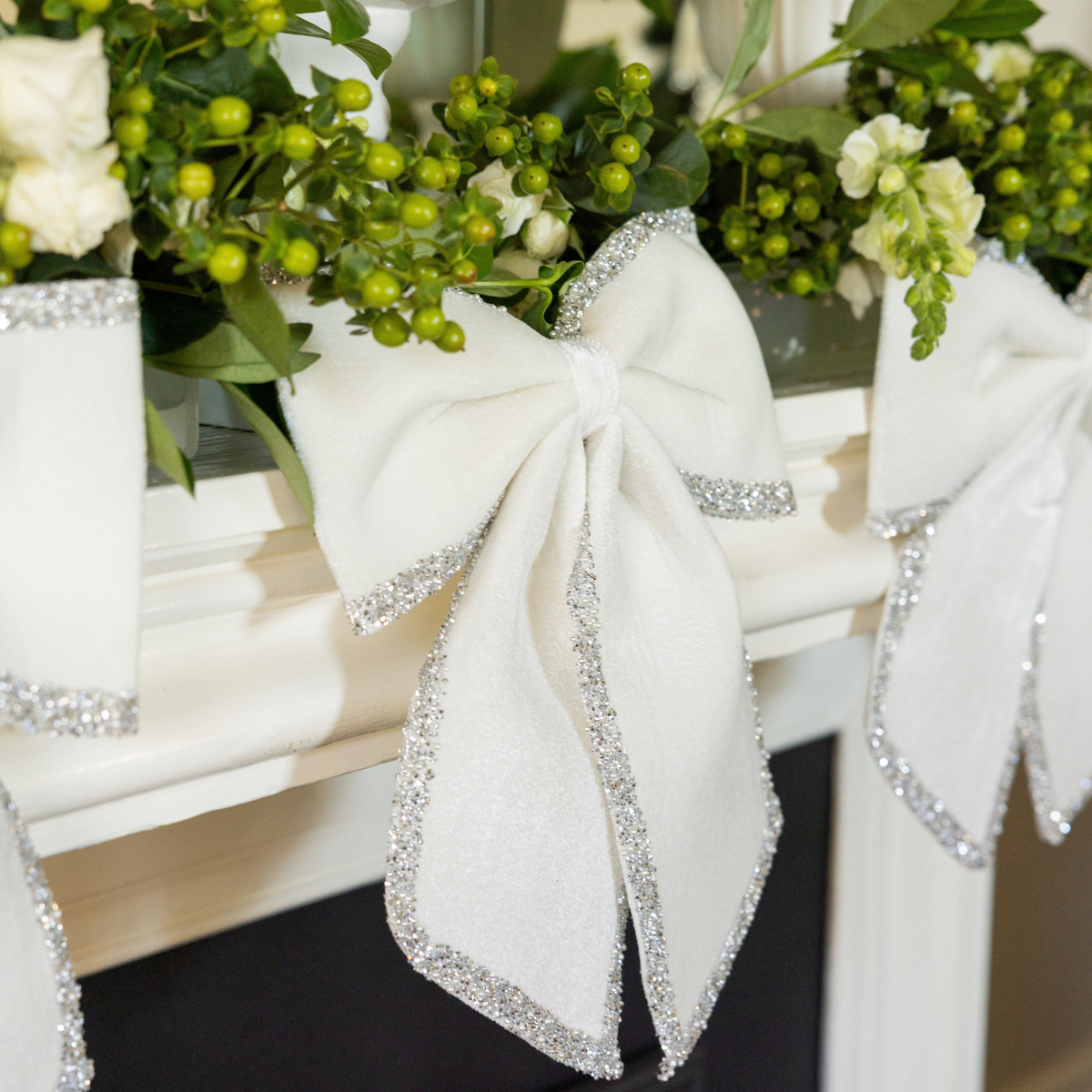 Velvet glitter trim bows on the Gold Toile Christmas mantel