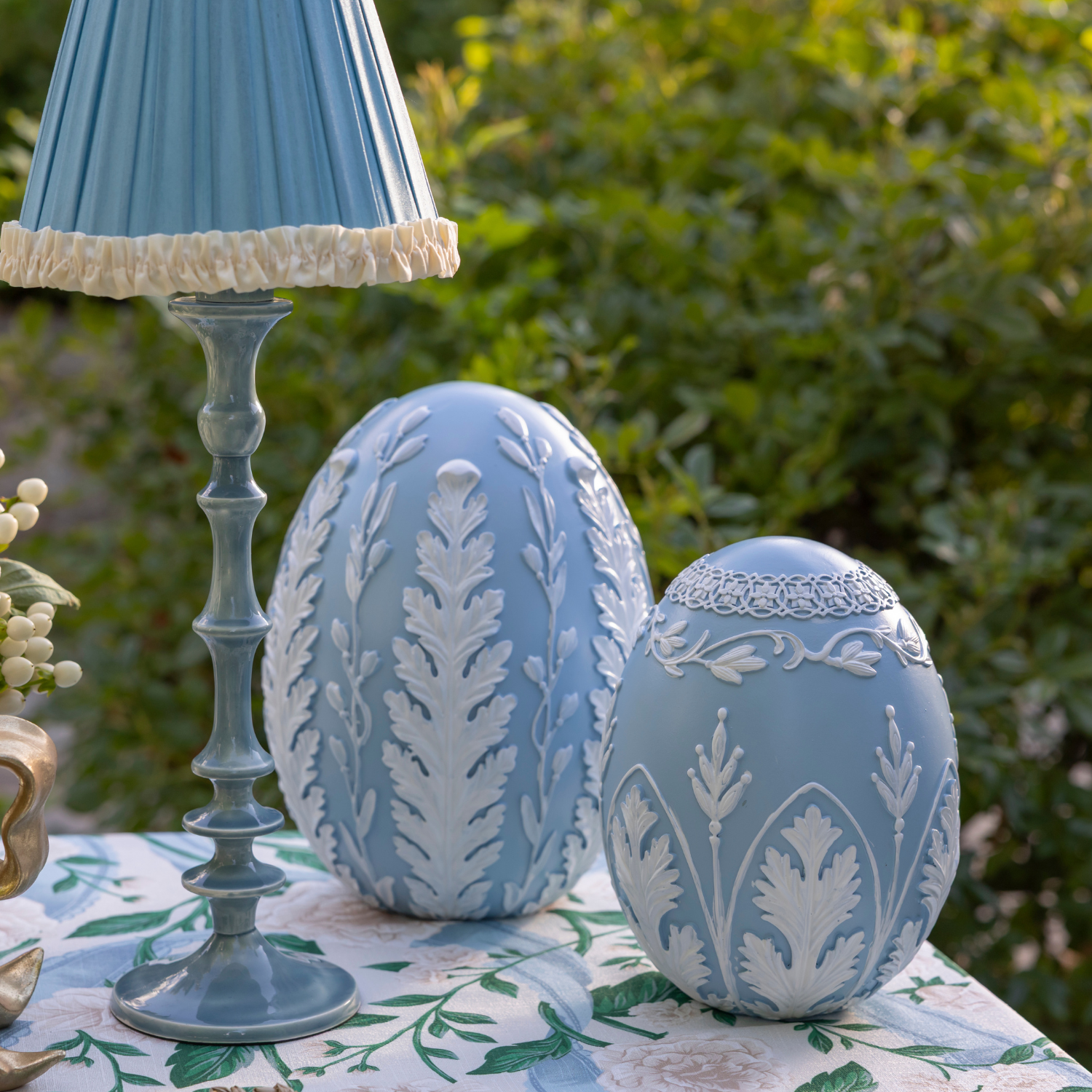 Audrey Sky Blue and Cream Ruffle Lamp Shade & Ocean Blue Base - Table Lamp - LUXE AND BEAU