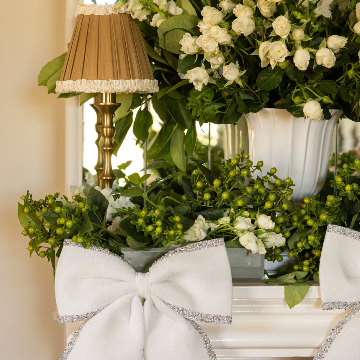 Gold Toile Christmas table styled with Audrey camel and cream shade