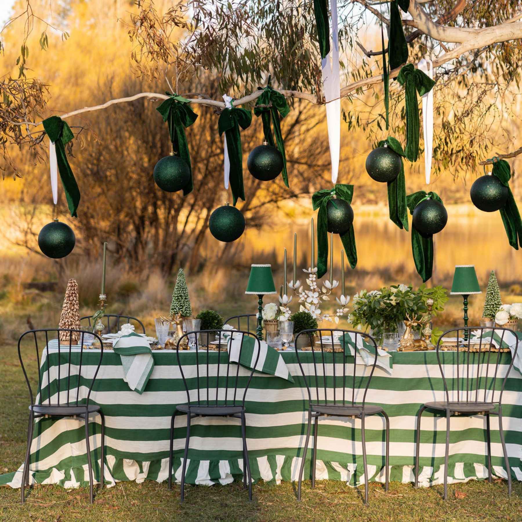 Verdant Green Ruffle Stripe Table Cloth - LUXE AND BEAU