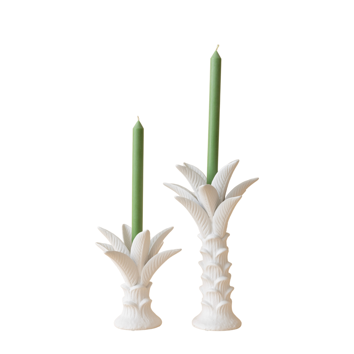 Palermo short and tall white ceramic palm candle holders with green taper candles