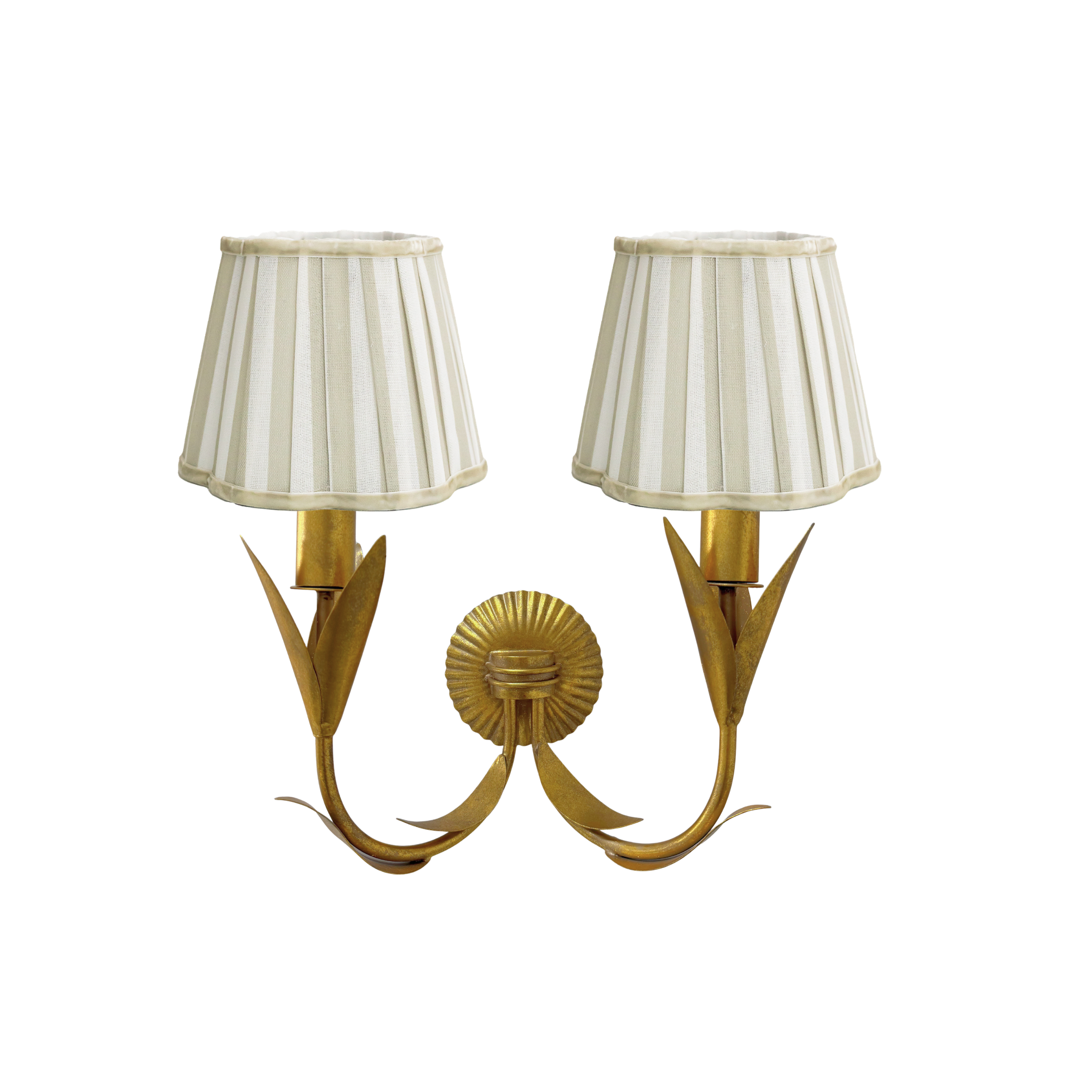 Beige Stripe Scallop Lamp Shade and La Fleur Antique Gold Wall Sconce - LUXE AND BEAU