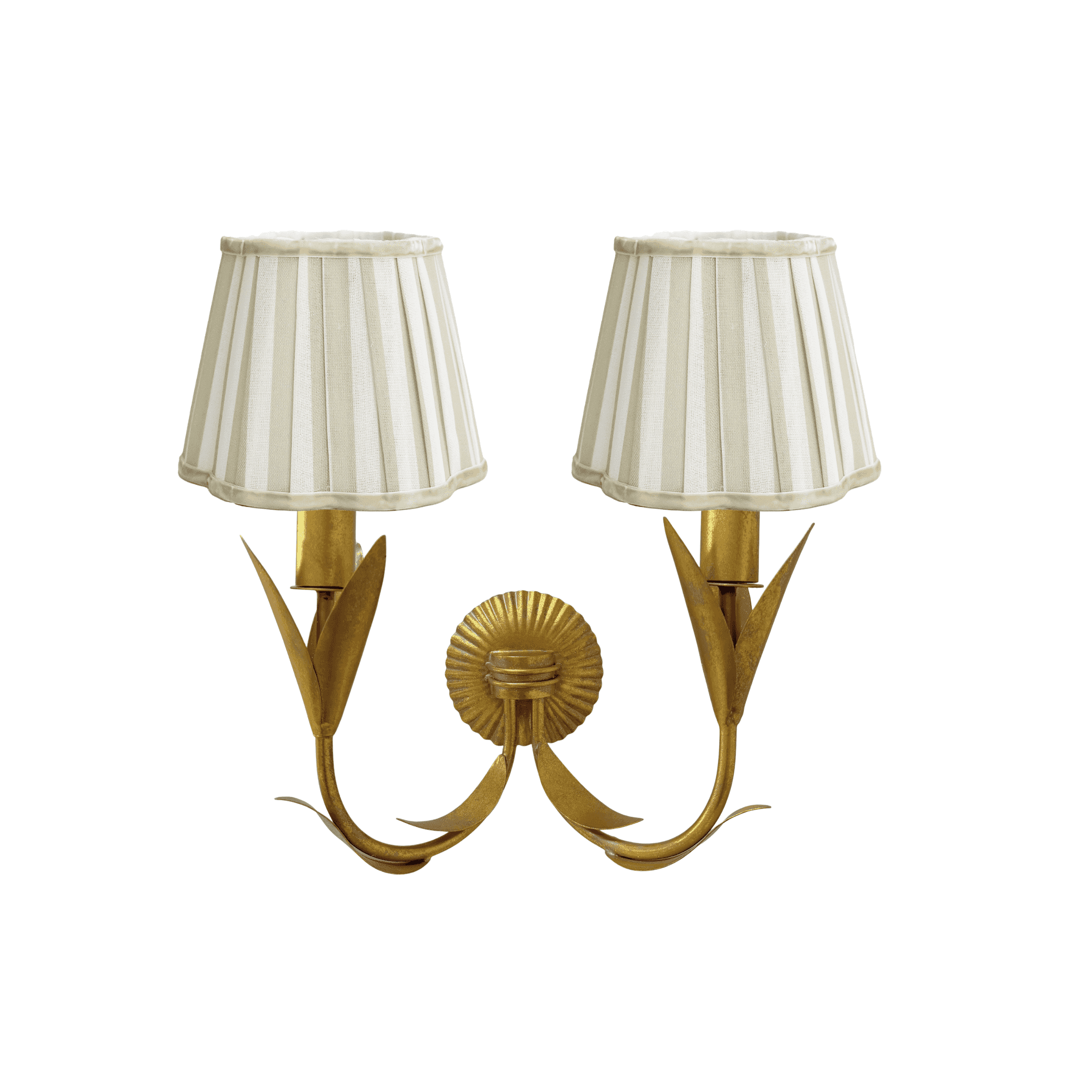 Beige Stripe Scallop Lamp Shade and La Fleur Antique Gold Wall Sconce - LUXE AND BEAU