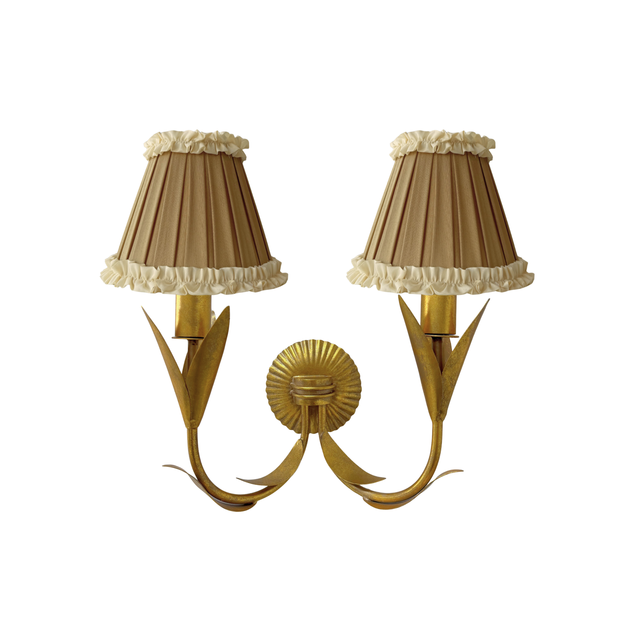 Audrey Camel and Cream Ruffle Shade and La Fleur Antique Gold Wall Sconce - LUXE AND BEAU