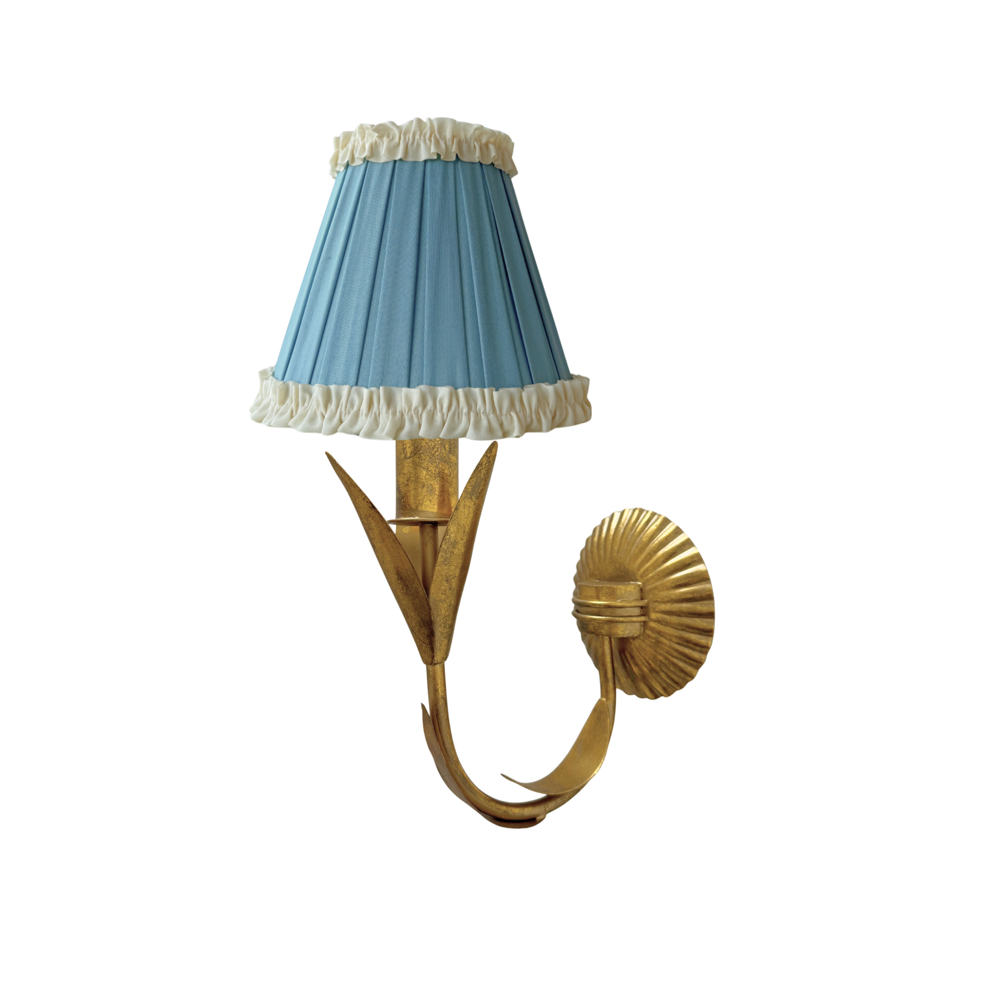 Audrey Sky Blue and Cream Ruffle Shade and La Fleur Antique Gold Wall Sconce - LUXE AND BEAU