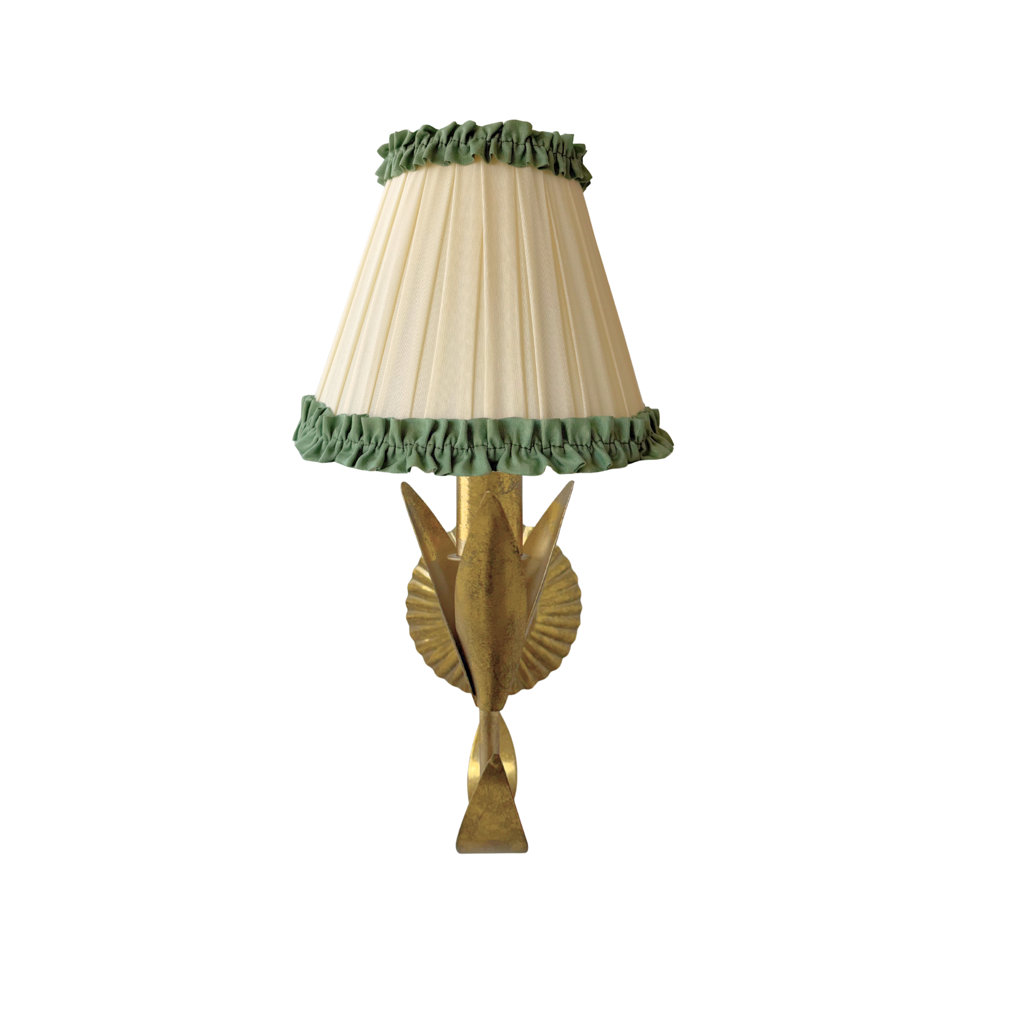 Audrey Cream and Hunter Green Ruffle Shade and La Fleur Antique Gold Wall Sconce - LUXE AND BEAU