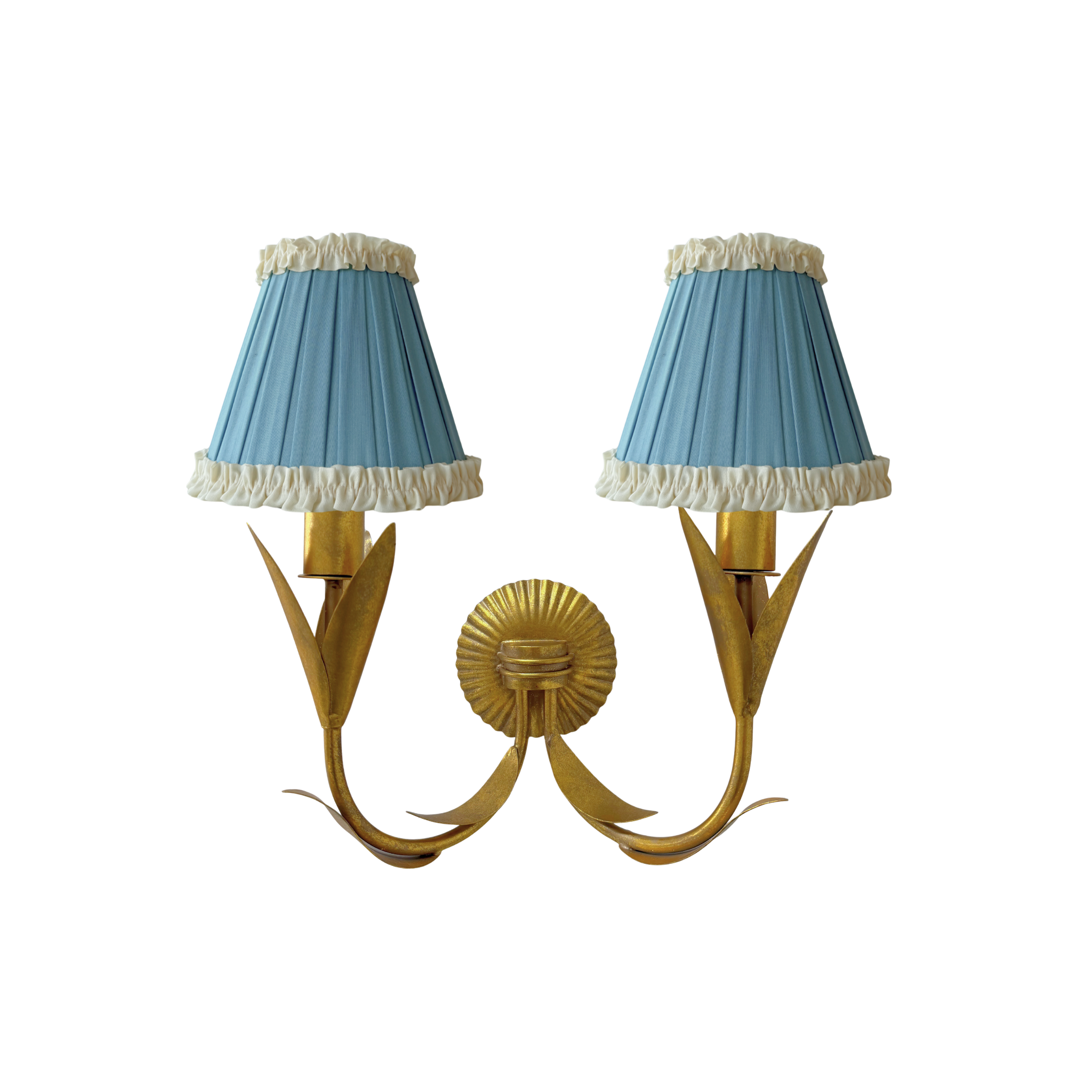 Audrey Sky Blue and Cream Ruffle Shade and La Fleur Antique Gold Wall Sconce - LUXE AND BEAU