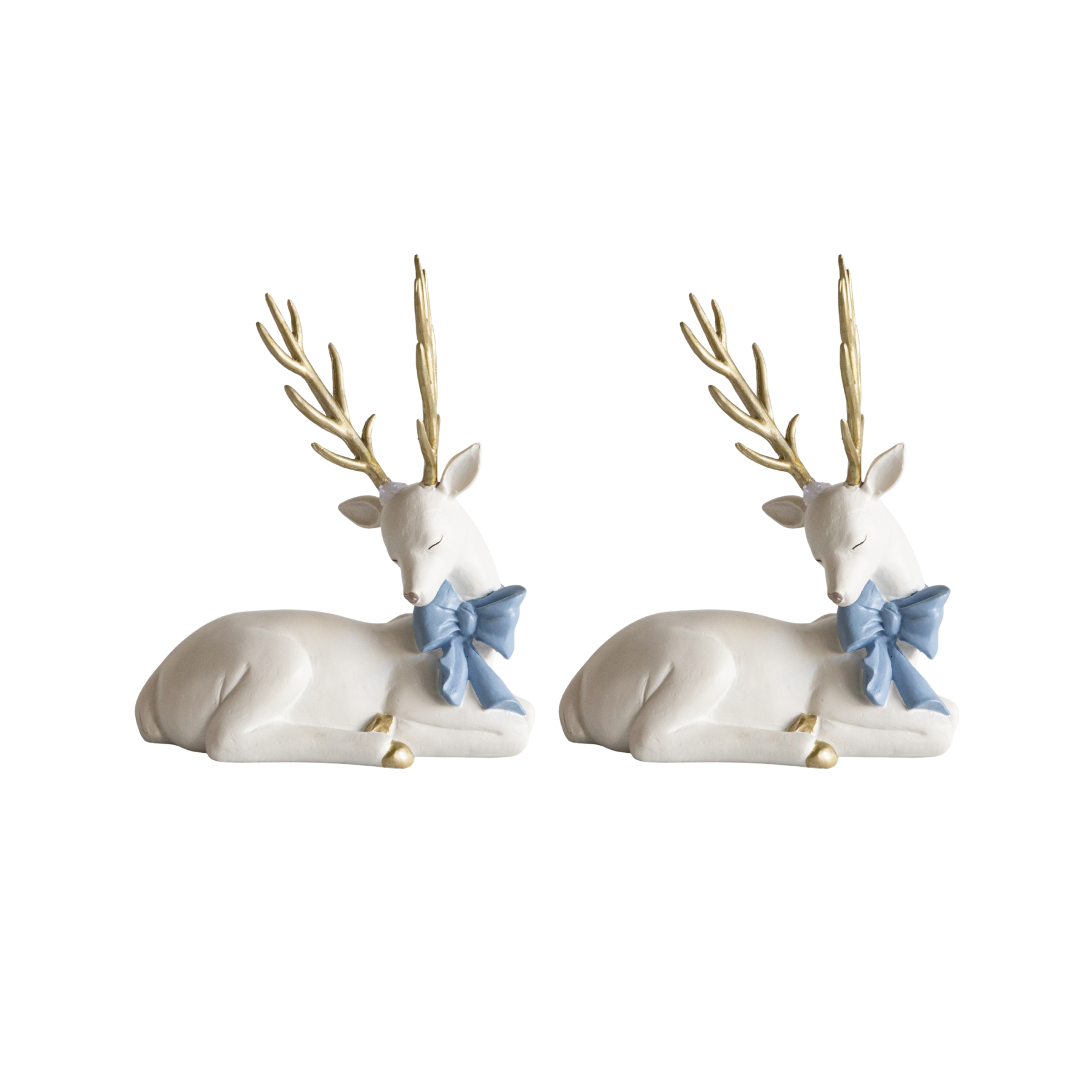 Sitting White Reindeer with Blue Bow (Set of 2) - LUXE AND BEAU