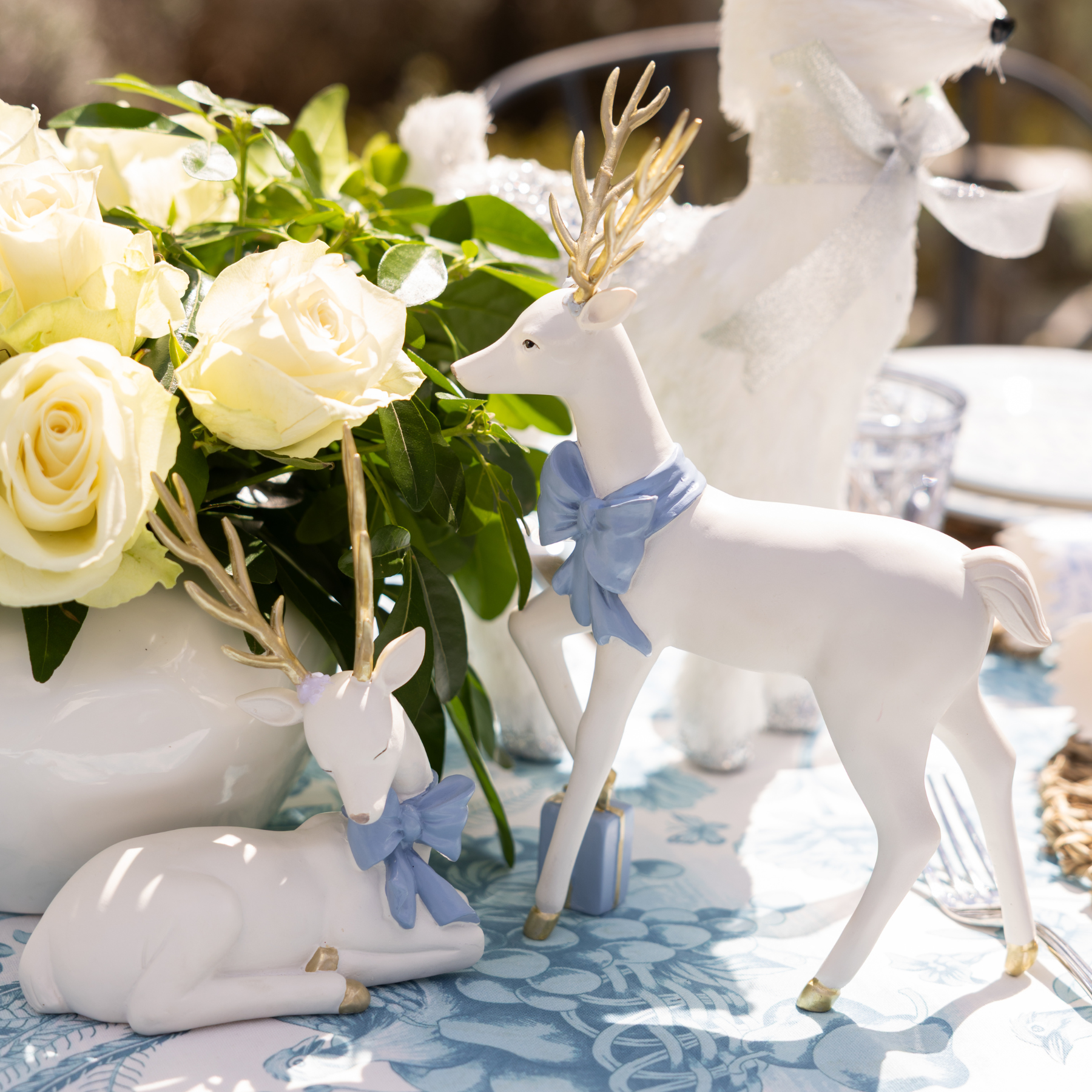 Standing White Reindeer with Blue Bow (Set of 2) - LUXE AND BEAU