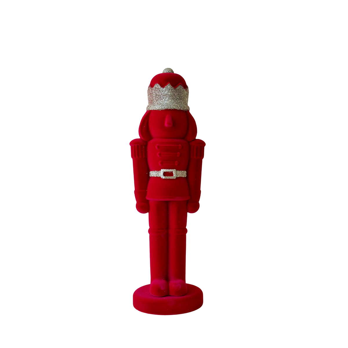 Bright red velvet nutcracker with silver glitter crown