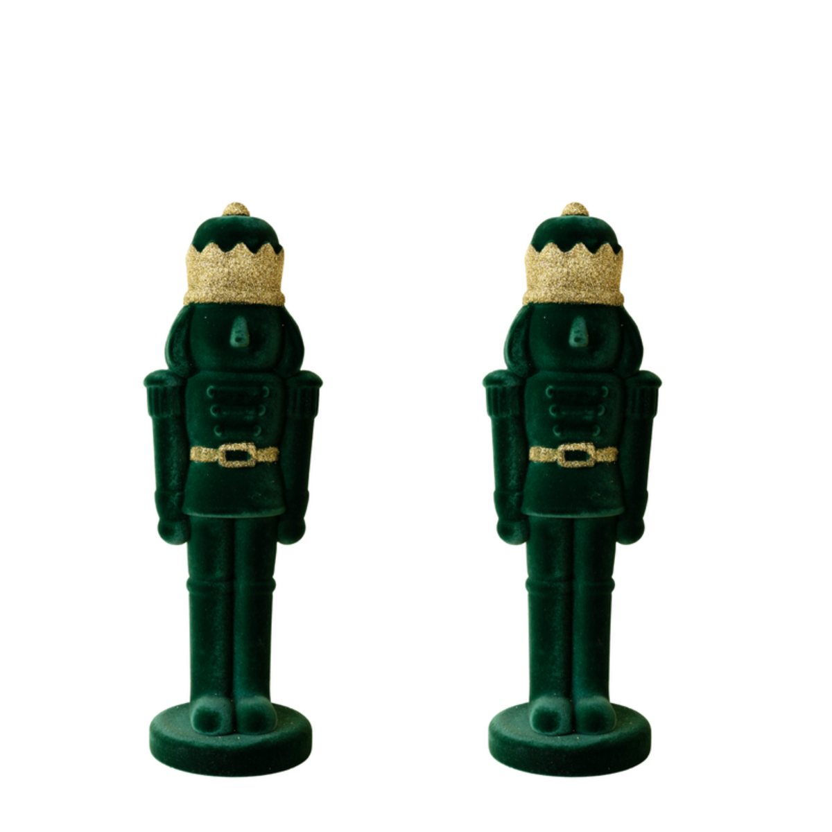 Pair of dark green velvet nutcrackers with gold glitter crowns
