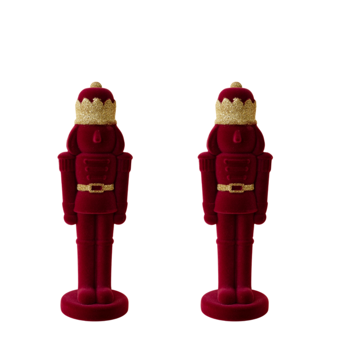 Pair of burgundy velvet nutcrackers with gold glitter crowns