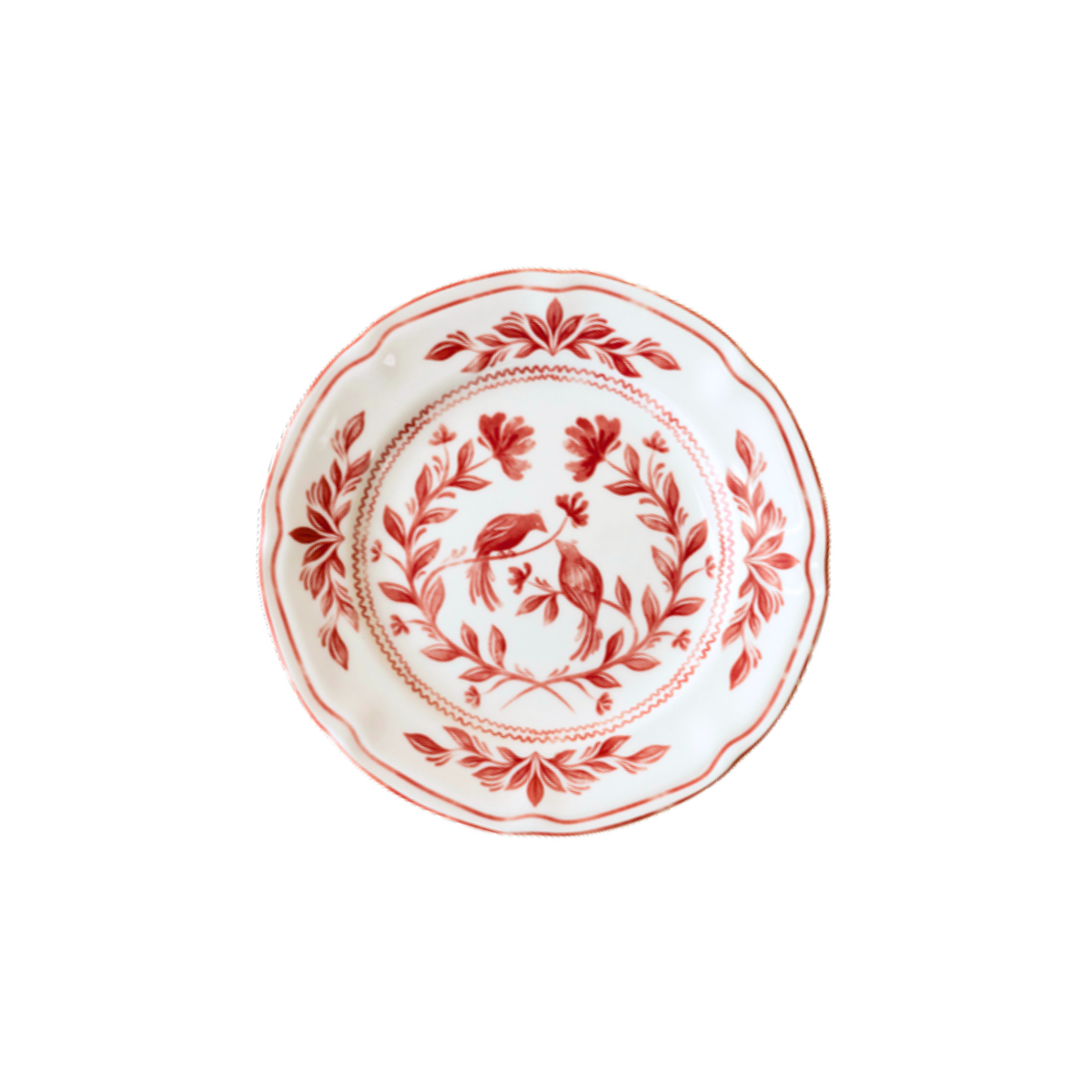 White Chinoiserie starter plate with red bird and floral pattern