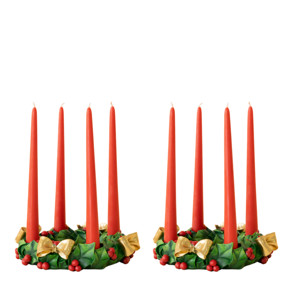 Pair of holly candle rings each holding four red taper candles