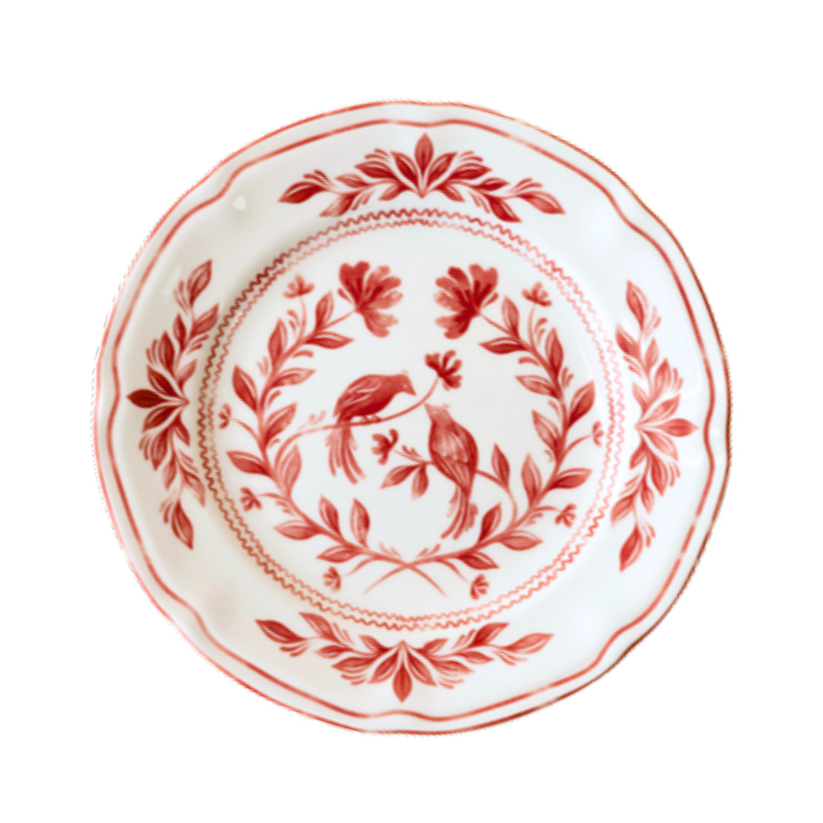 White Chinoiserie dinner plate with red bird and floral pattern