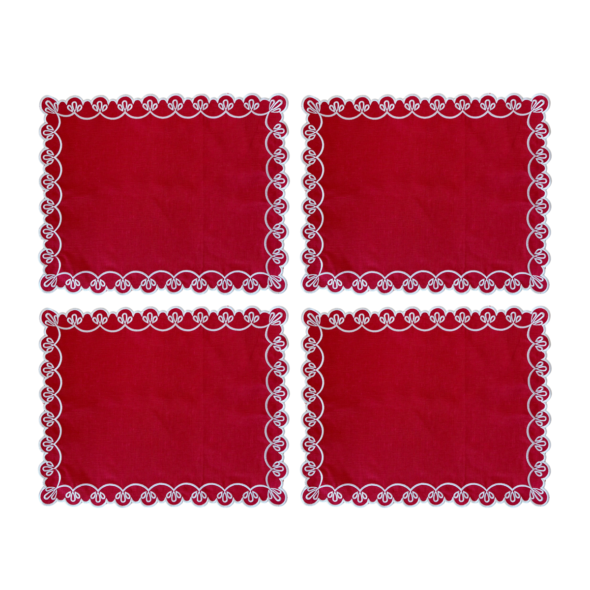 Set of four red placemats with ivory scallop embroidery