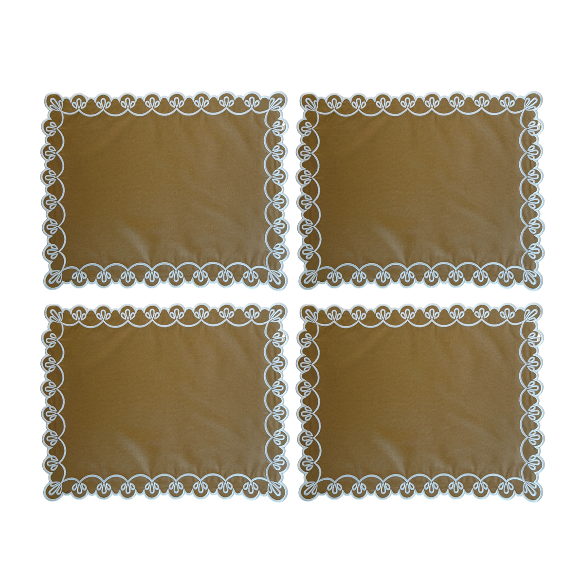 Set of four gold placemats with ivory scallop embroidery