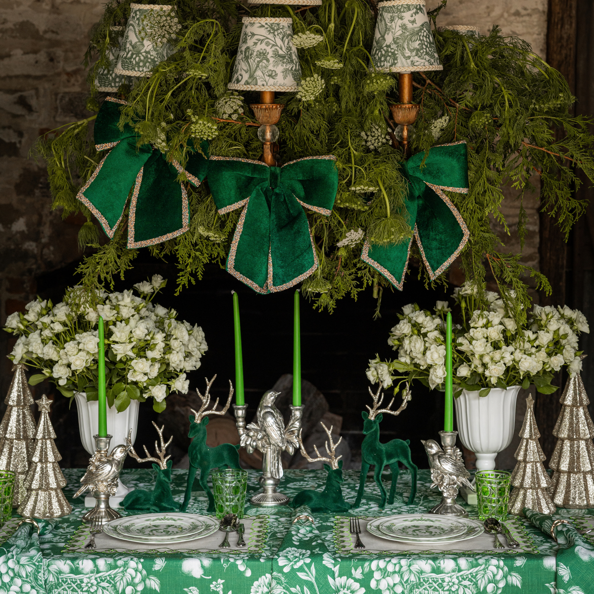Green Toile Christmas table styled with Green Toile table cloth, green velvet glitter trim bows and Green Toile lamp shade