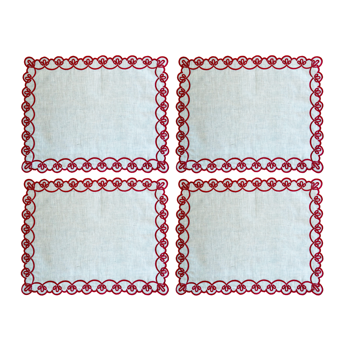 Set of four natural linen placemats with red scallop embroidery