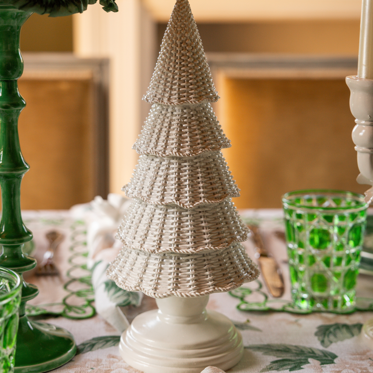 Cream Hydrangea Christmas table styled with white rattan Christmas trees