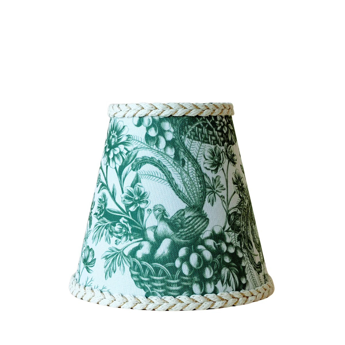 Green Toile lamp shade with braided trim