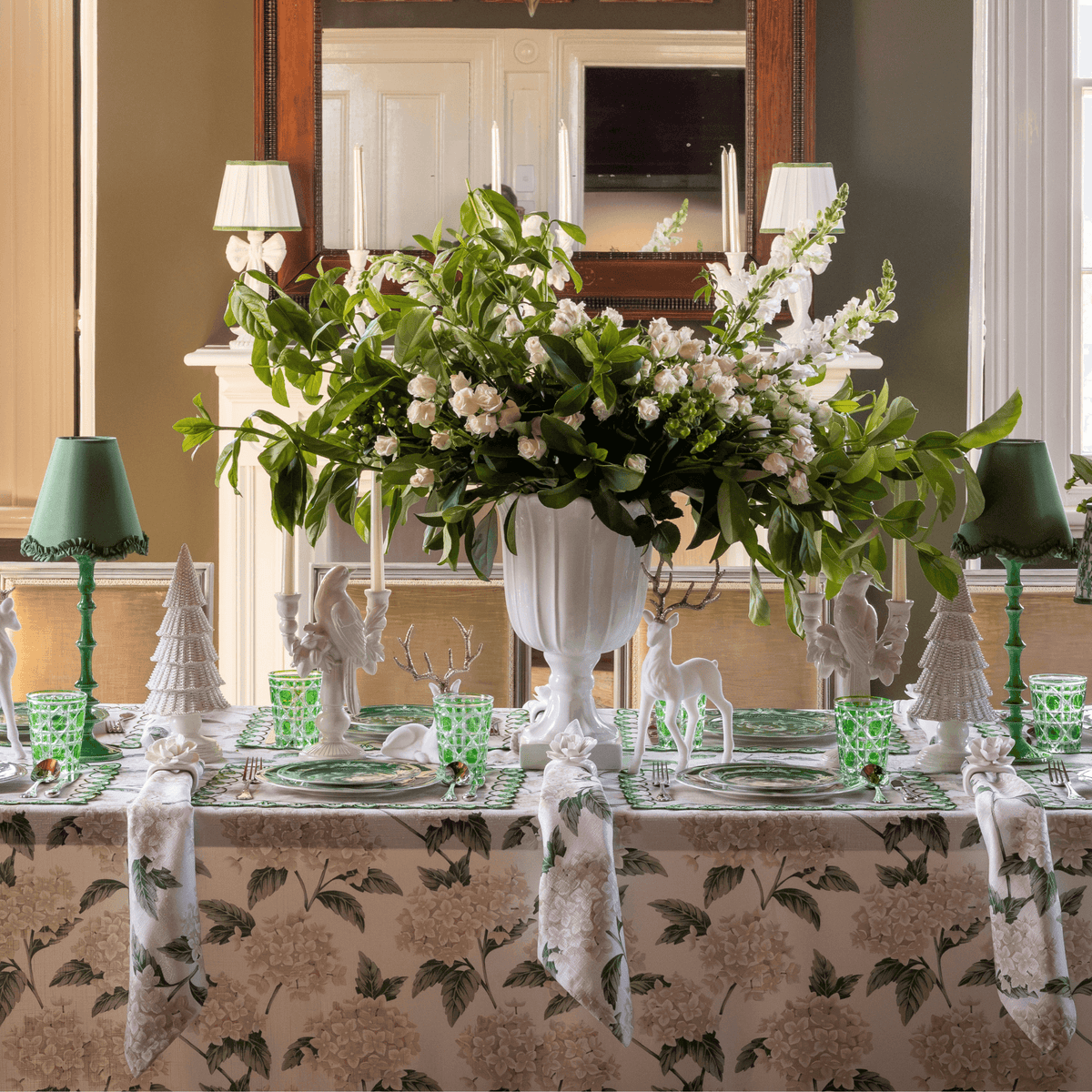 Cream Hydrangea Christmas table styled with Cream Hydrangea table cloth and Cream Hydrangea napkins