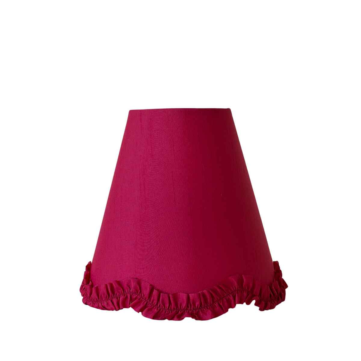 Red scallop lamp shade with ruffle trim