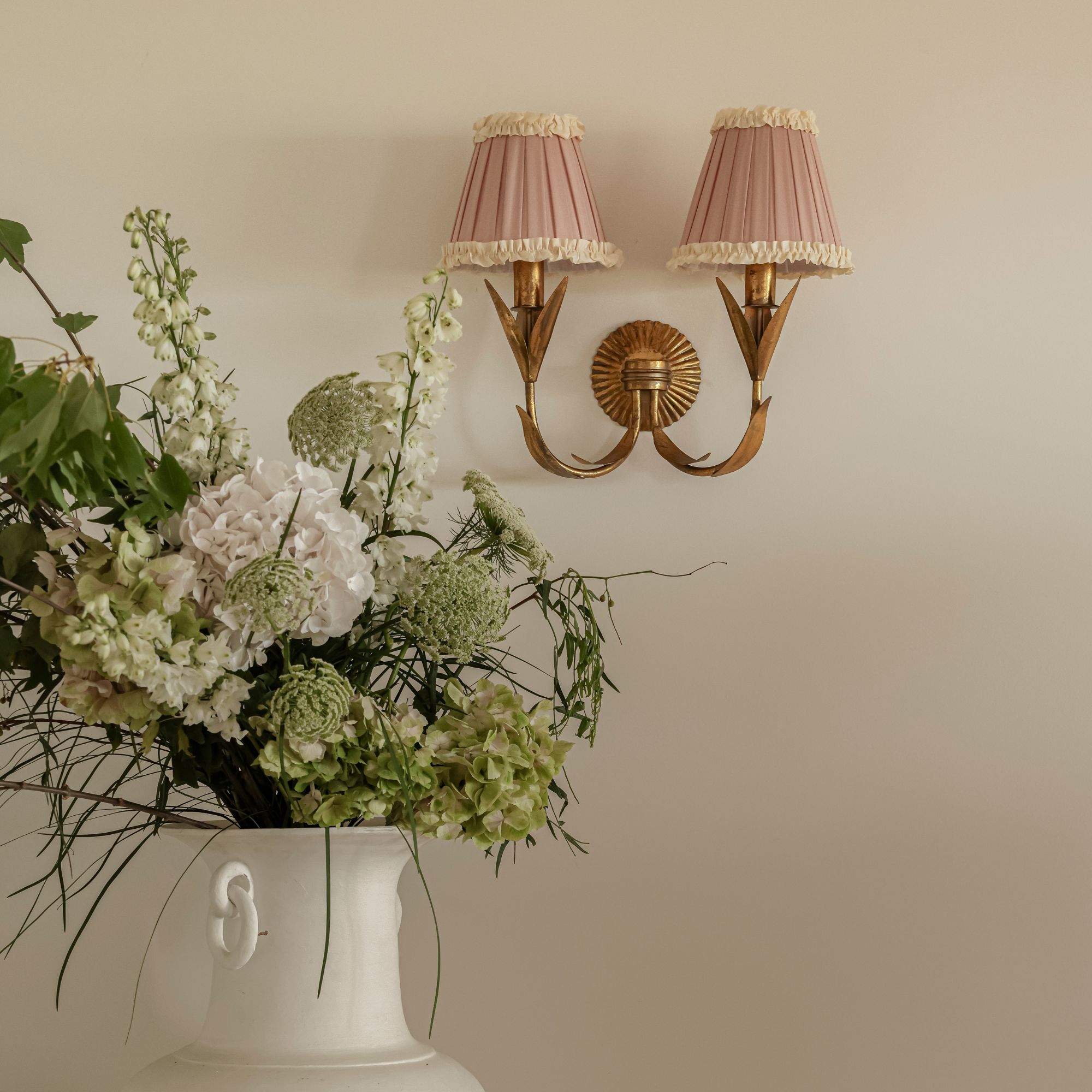 Audrey Dusty Rose and Cream Ruffle Shade and La Fleur Antique Gold Wall Sconce - LUXE AND BEAU