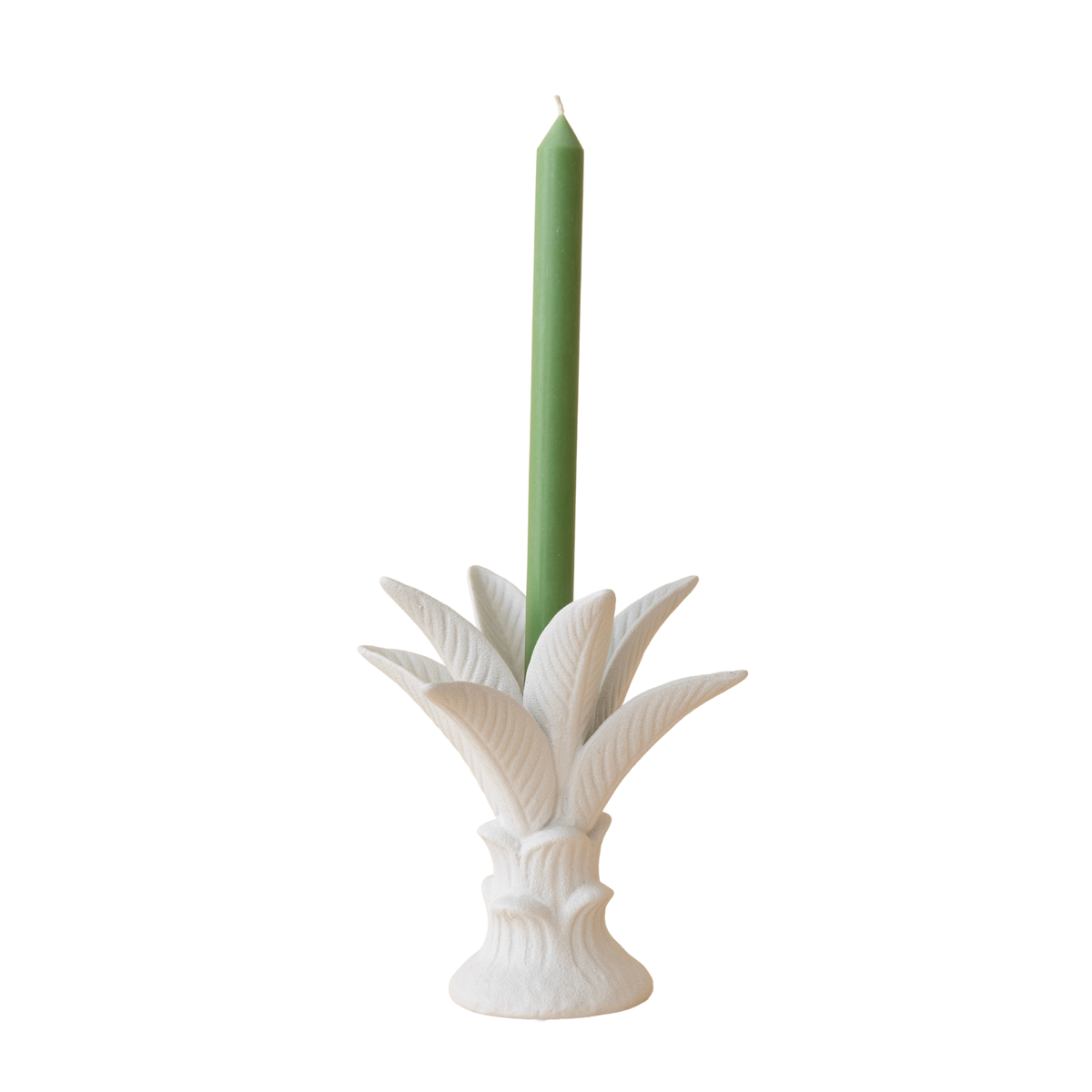 Palermo short white ceramic palm candle holder with green taper candle