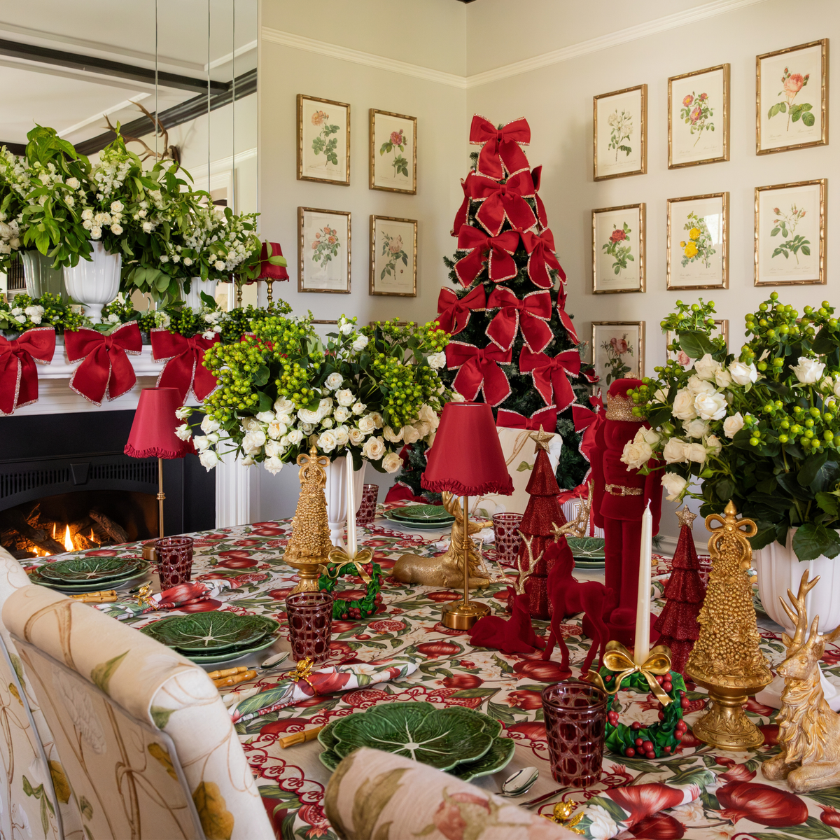 Pomegranate Christmas table styled with Pomegranate table cloth and red velvet glitter trim bows