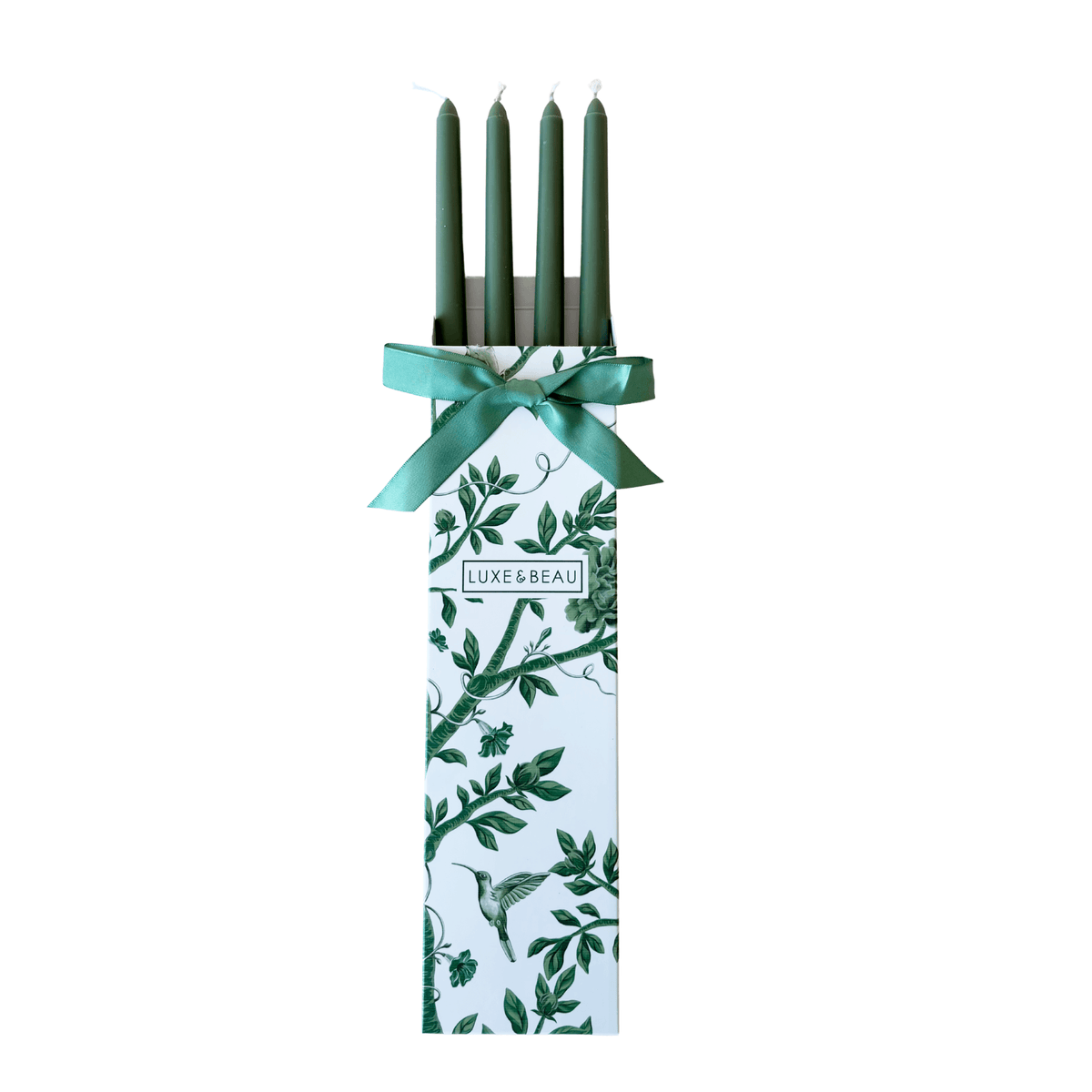Set of four dark green taper candles in a Luxe and Beau gift box with dark green ribbon