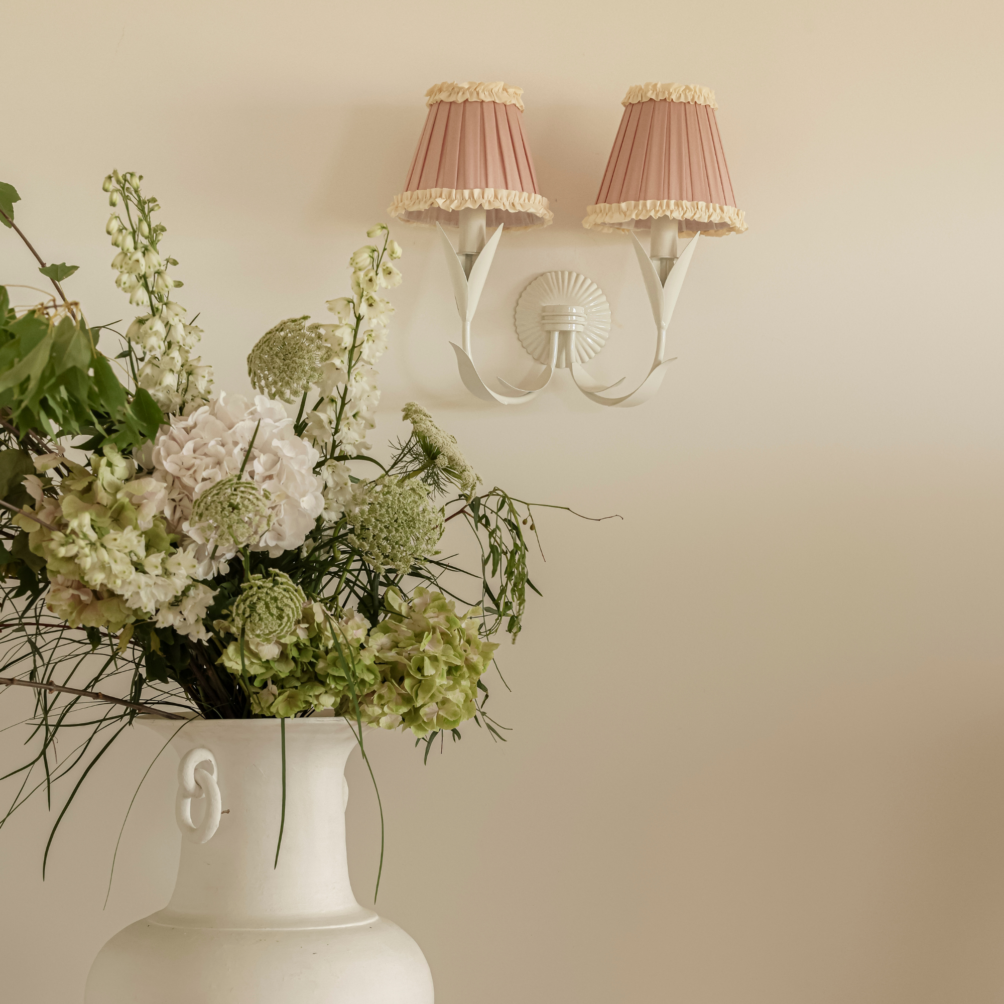 Audrey Dusty Rose and Cream Ruffle Shade and La Fleur Ivory Wall Sconce - LUXE AND BEAU