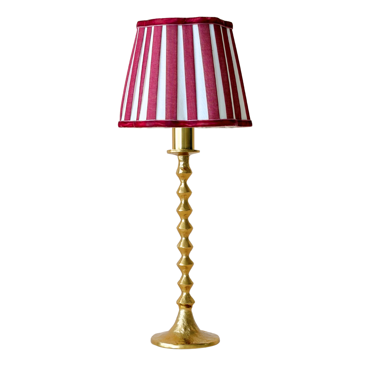 Red Stripe Scallop Lamp Shade on the Gold Hammered Base