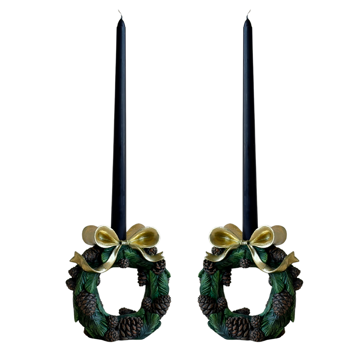 Pair of pinecone wreath candle holders with navy taper candles