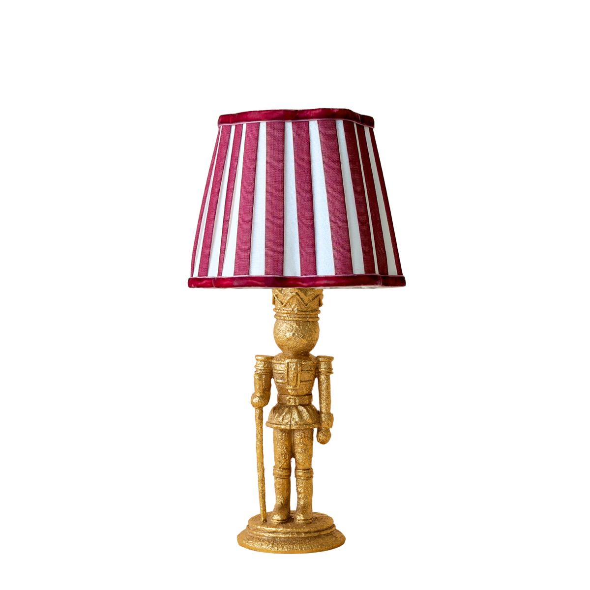 Red Stripe Scallop Lamp Shade on the Gold Nutcracker Base