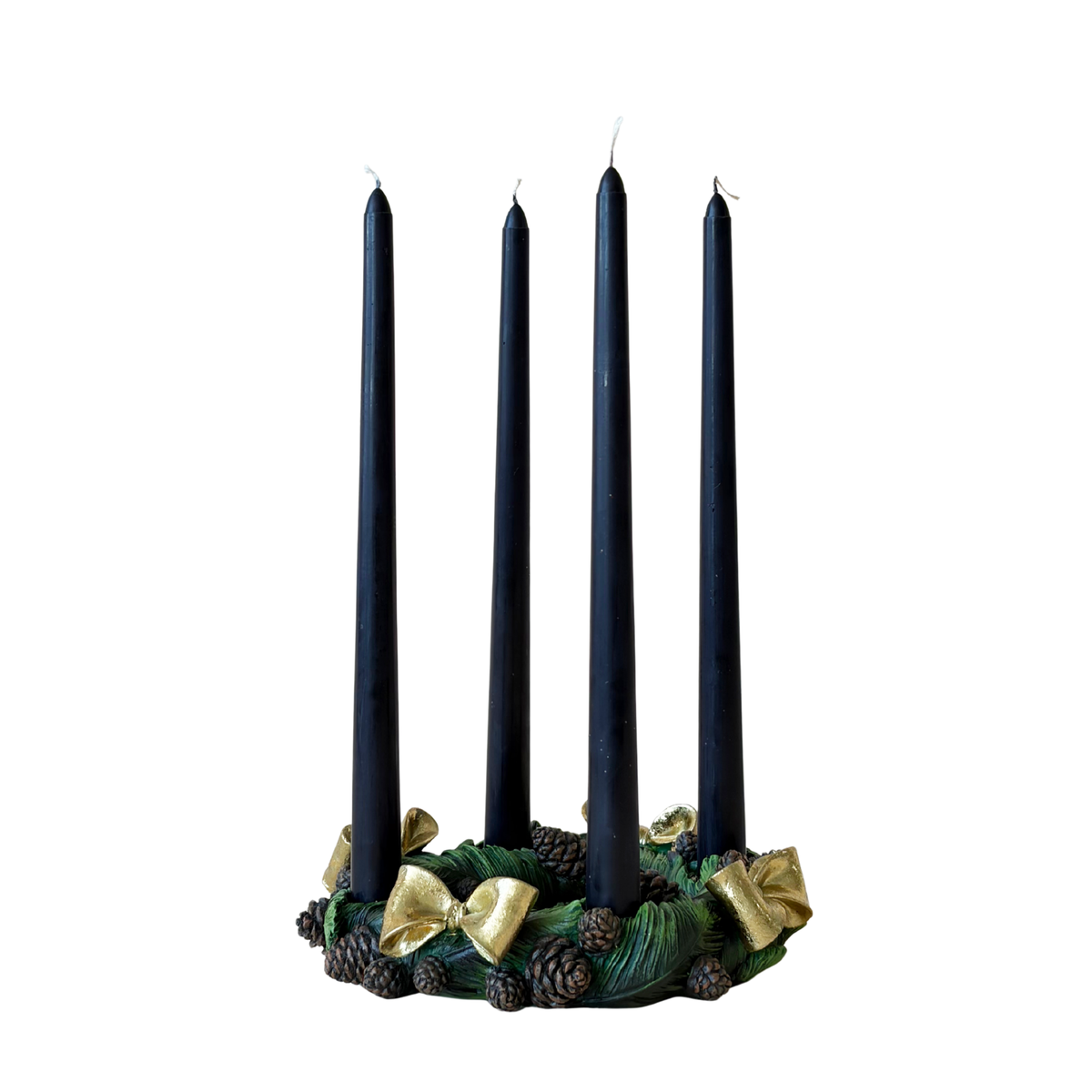 Pinecone candle ring with four navy taper candles
