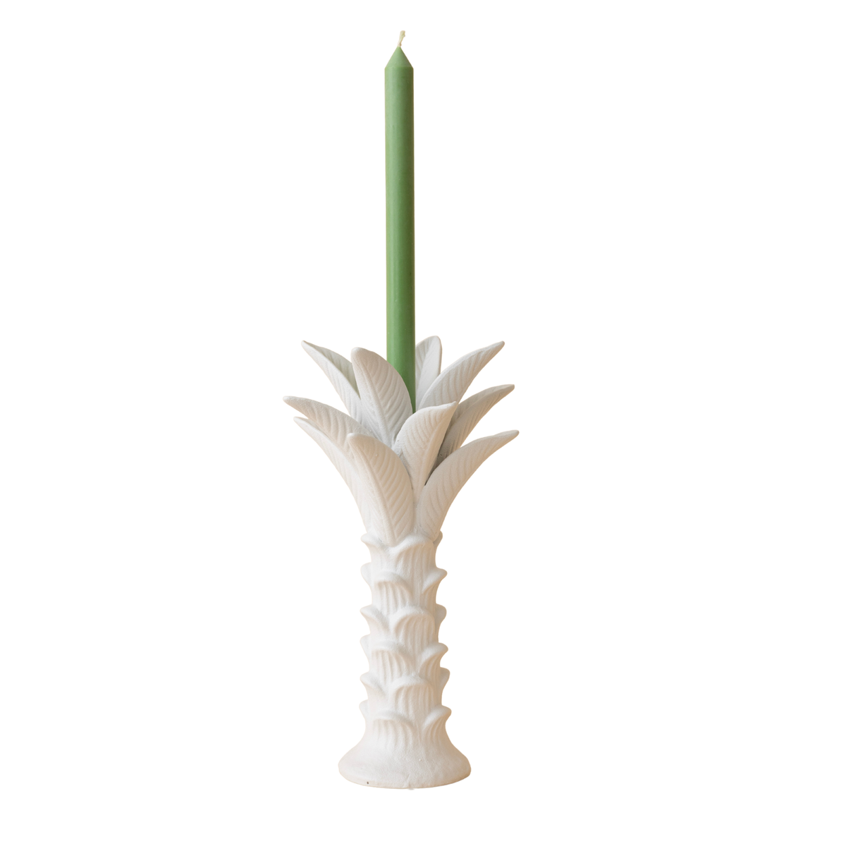 Palermo tall white ceramic palm candle holder with green taper candle