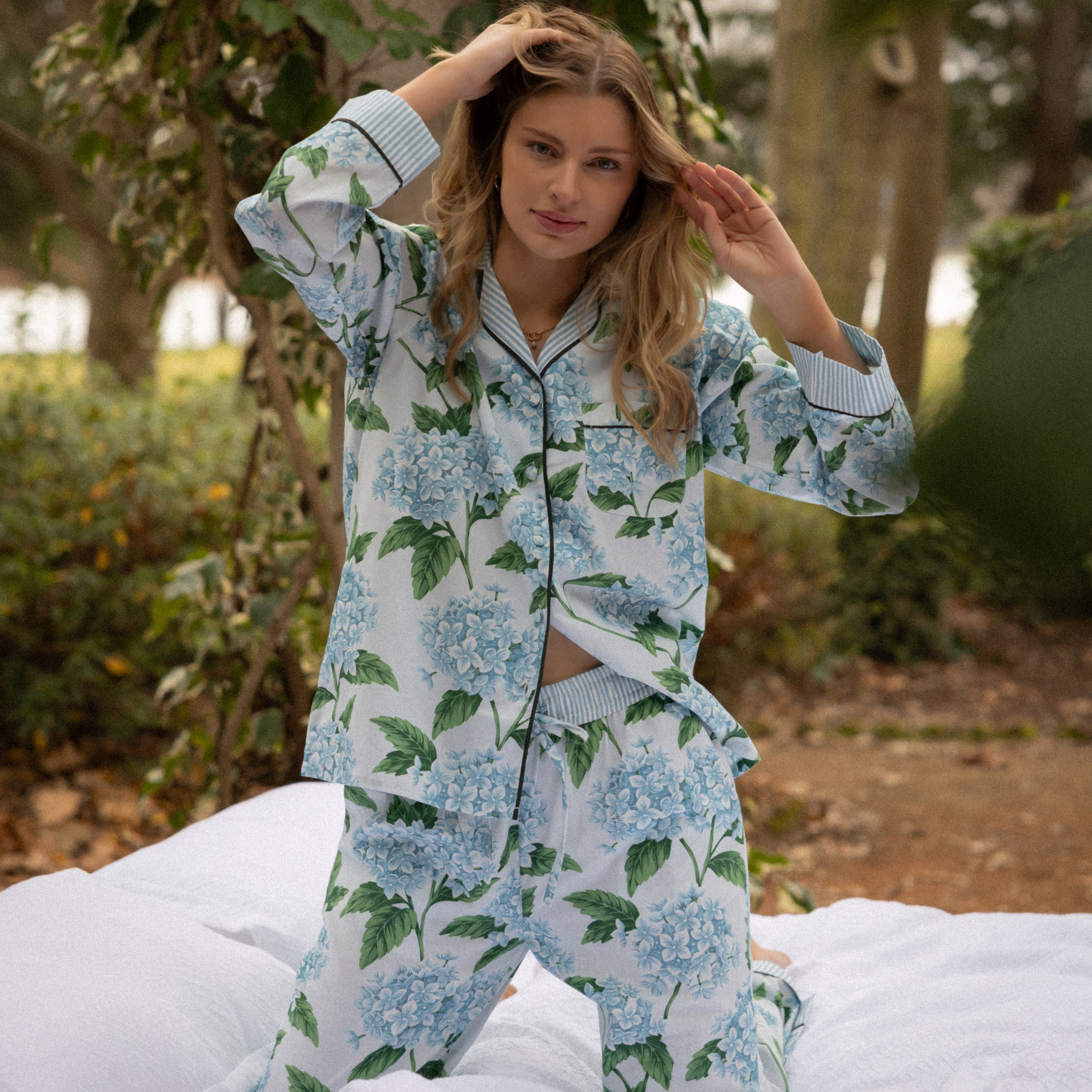 Blue Hydrangea Long Sleeve Pyjama Set - LUXE AND BEAU