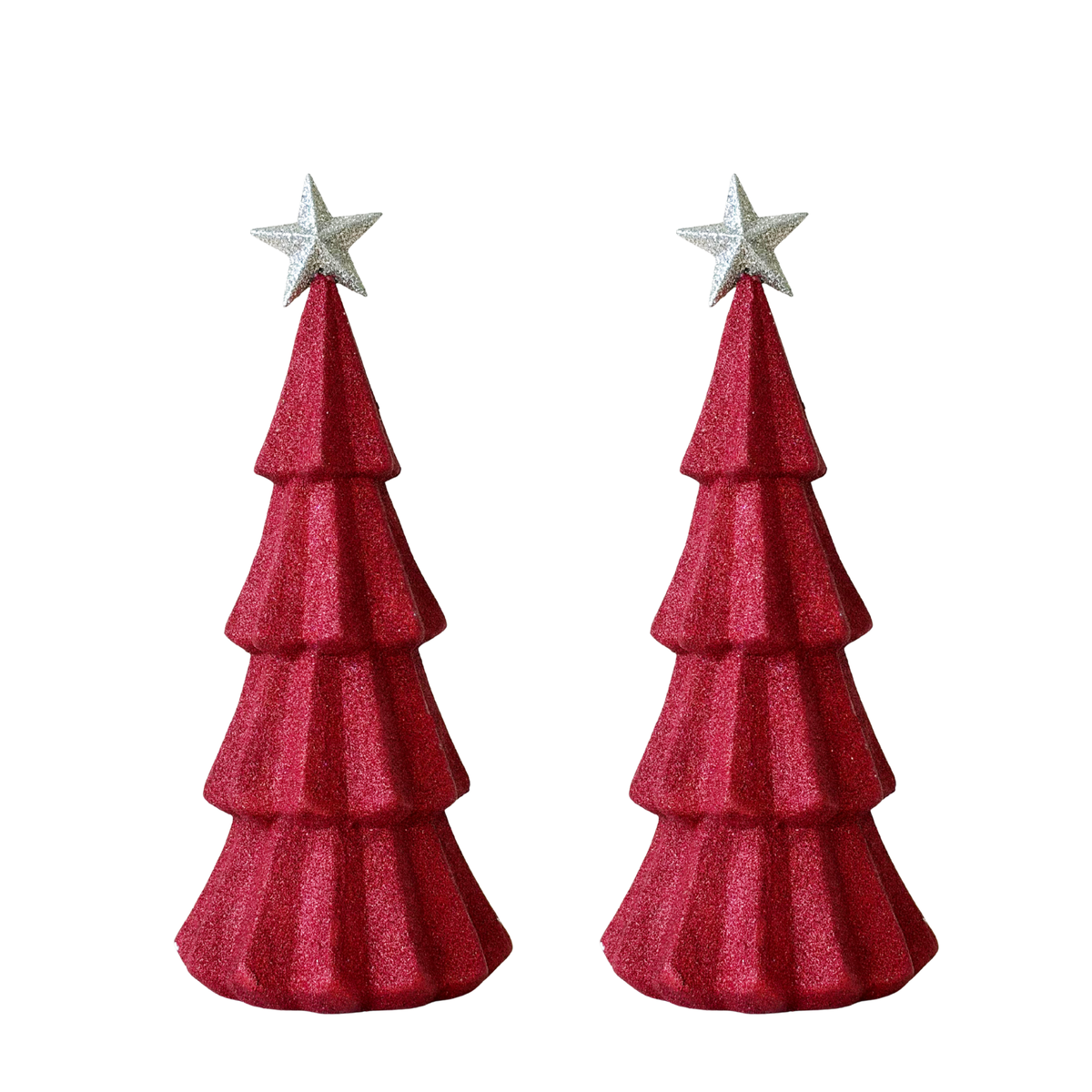 Pair of large red glitter Christmas trees with silver star tops