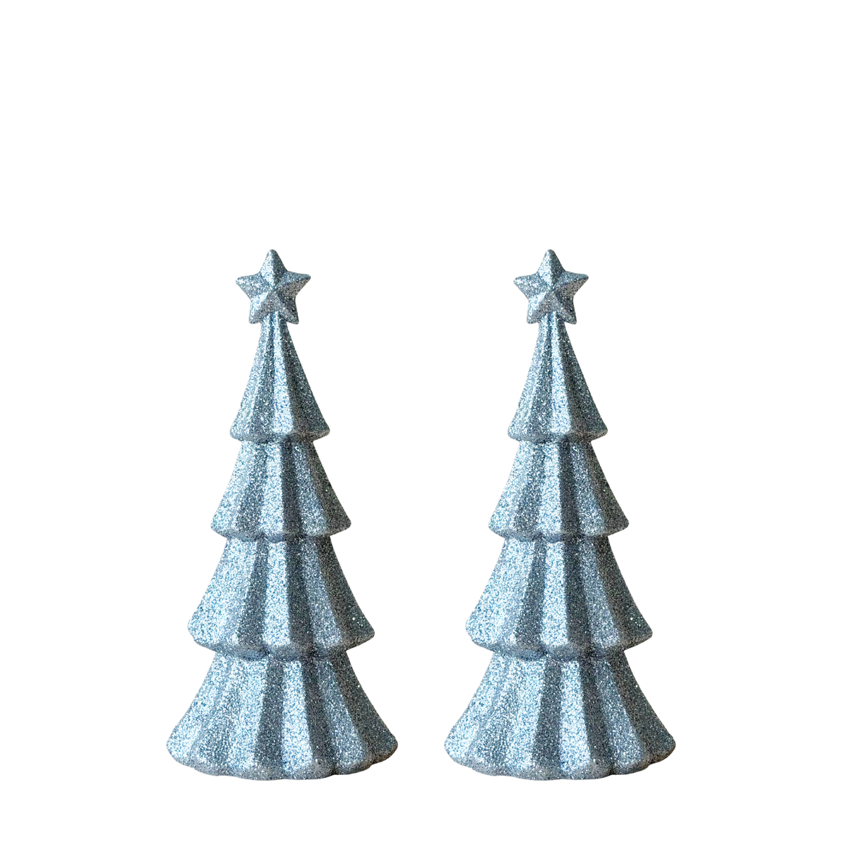 Pair of small silver glitter Christmas trees with star tops