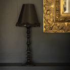 Spruce and Black Bow Christmas table styled with black ruffle lamp shade and black lamp base