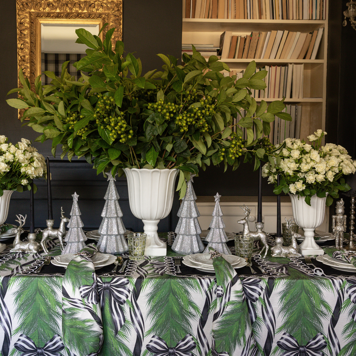 Spruce and Black Bow Christmas table styled with Spruce and Black Bow table cloth, Spruce and Black Bow napkins and silver glitter Christmas trees