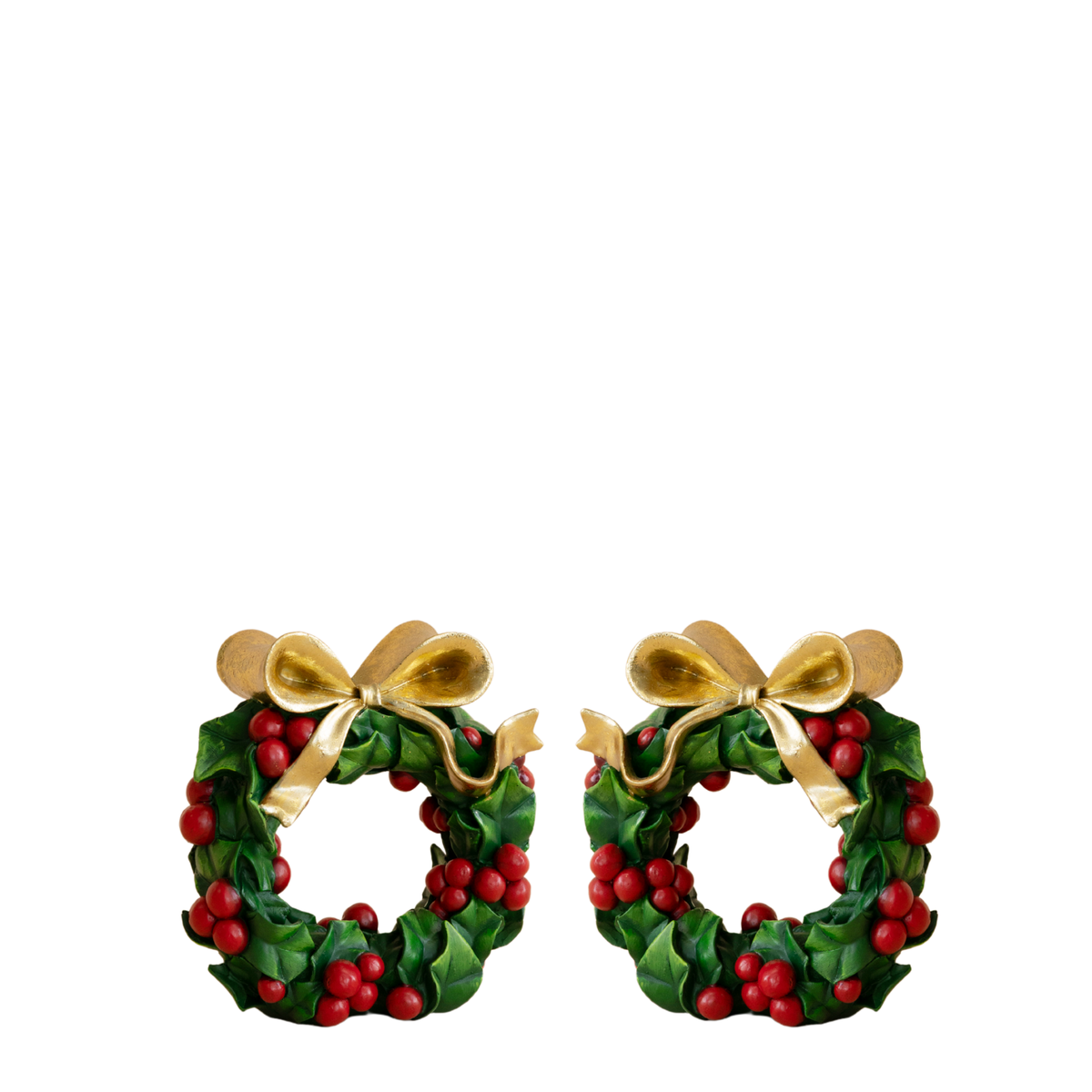 Pair of holly wreath candle holders with gold bows